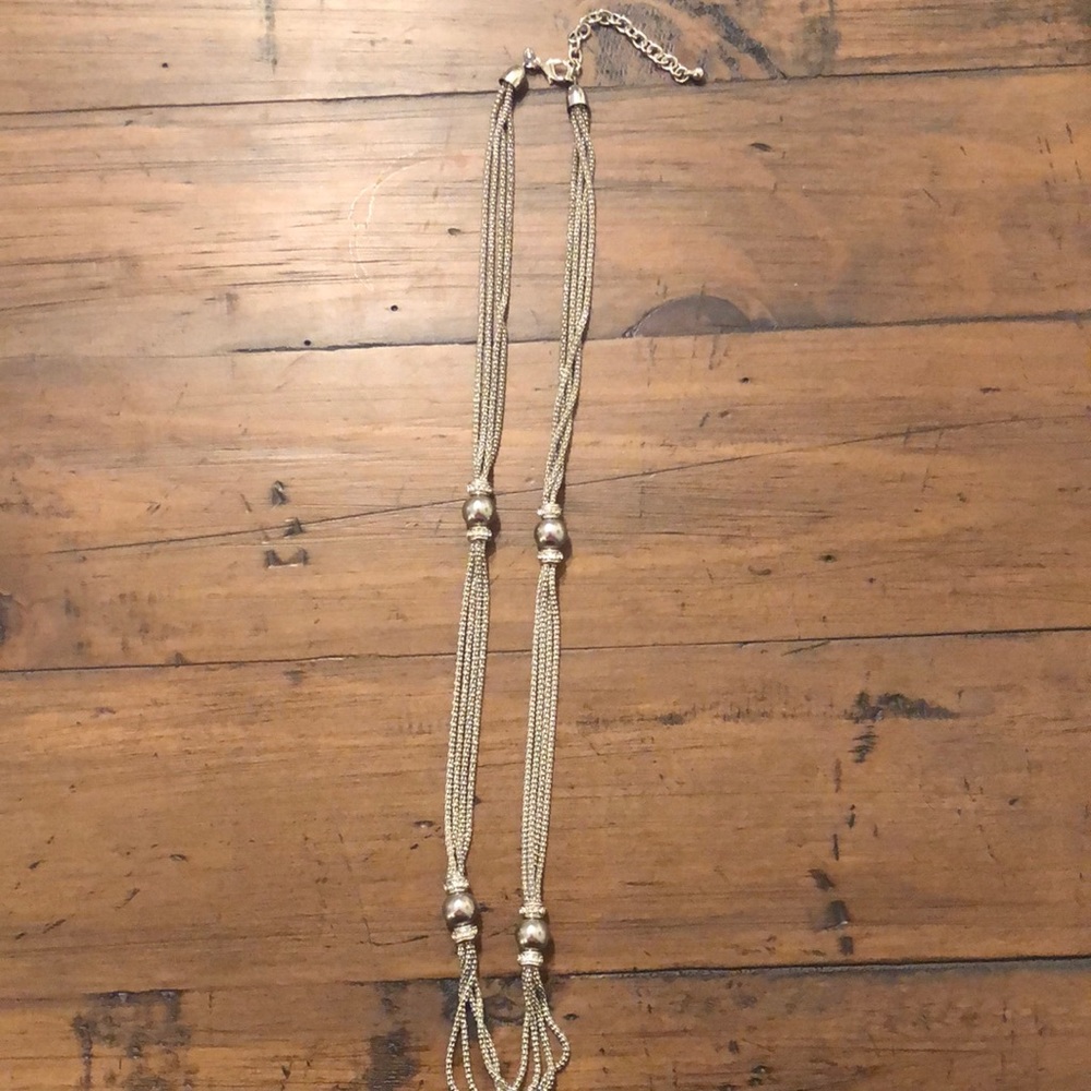 Long Silver necklace with bead and rhinestone detailing